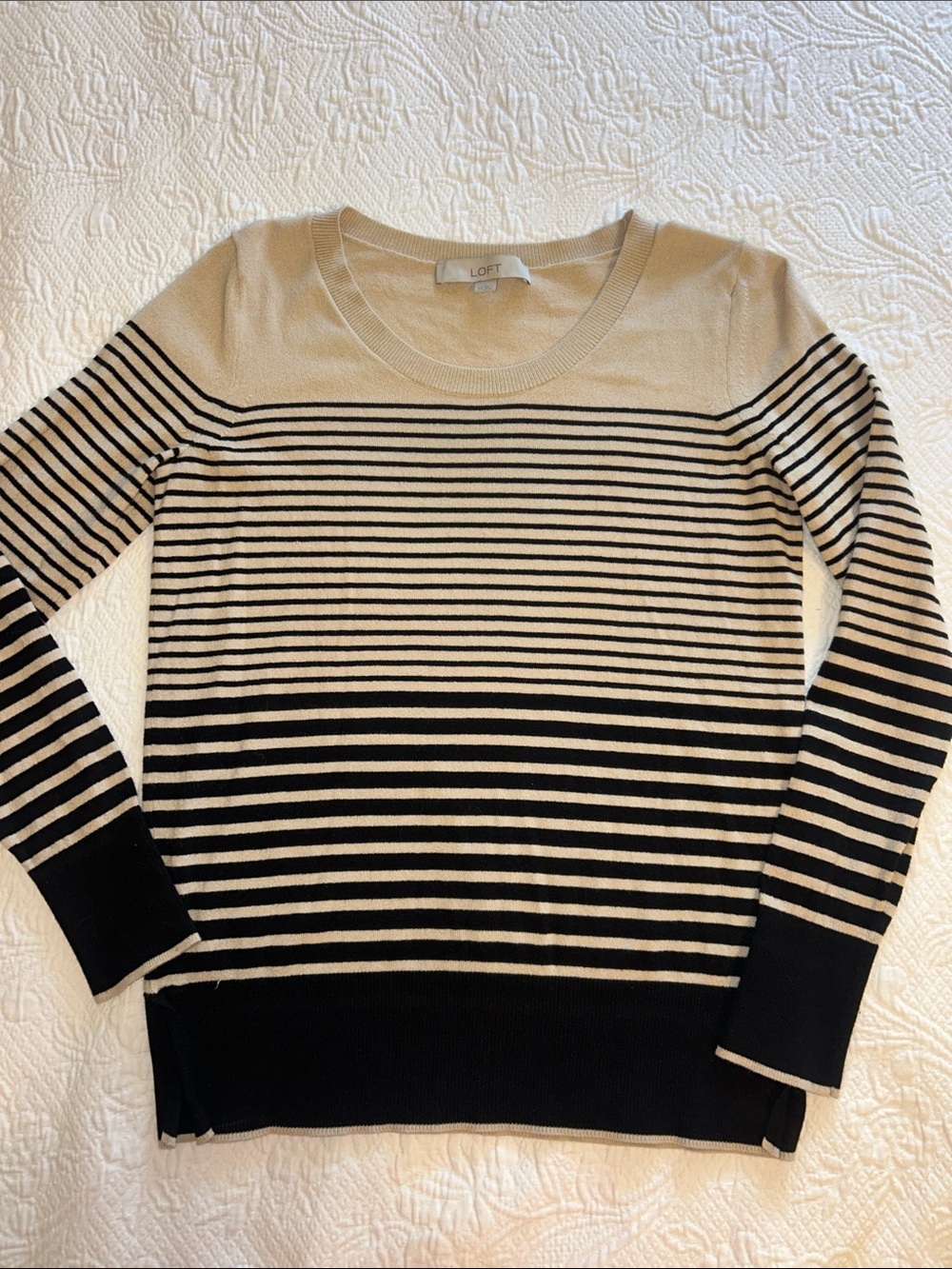 LOFT Black and Tan Striped Scoopneck Sweater